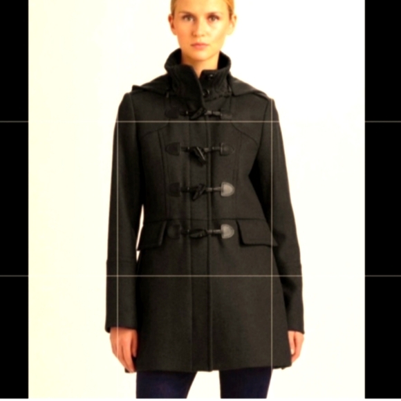 COLE HAAN Black Wool Winter Hooded Peacoat with toggle closure Size 8 - Picture 1 of 13